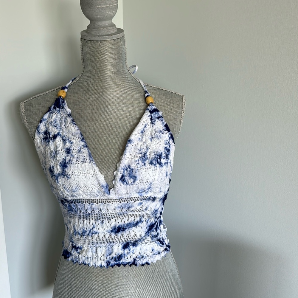 White and blue tie dye halter top